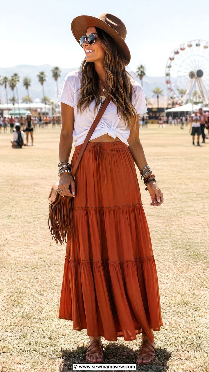 Terracotta Tiered Maxi Skirt With Knotted Tee - 35 Terracotta outfit ideas