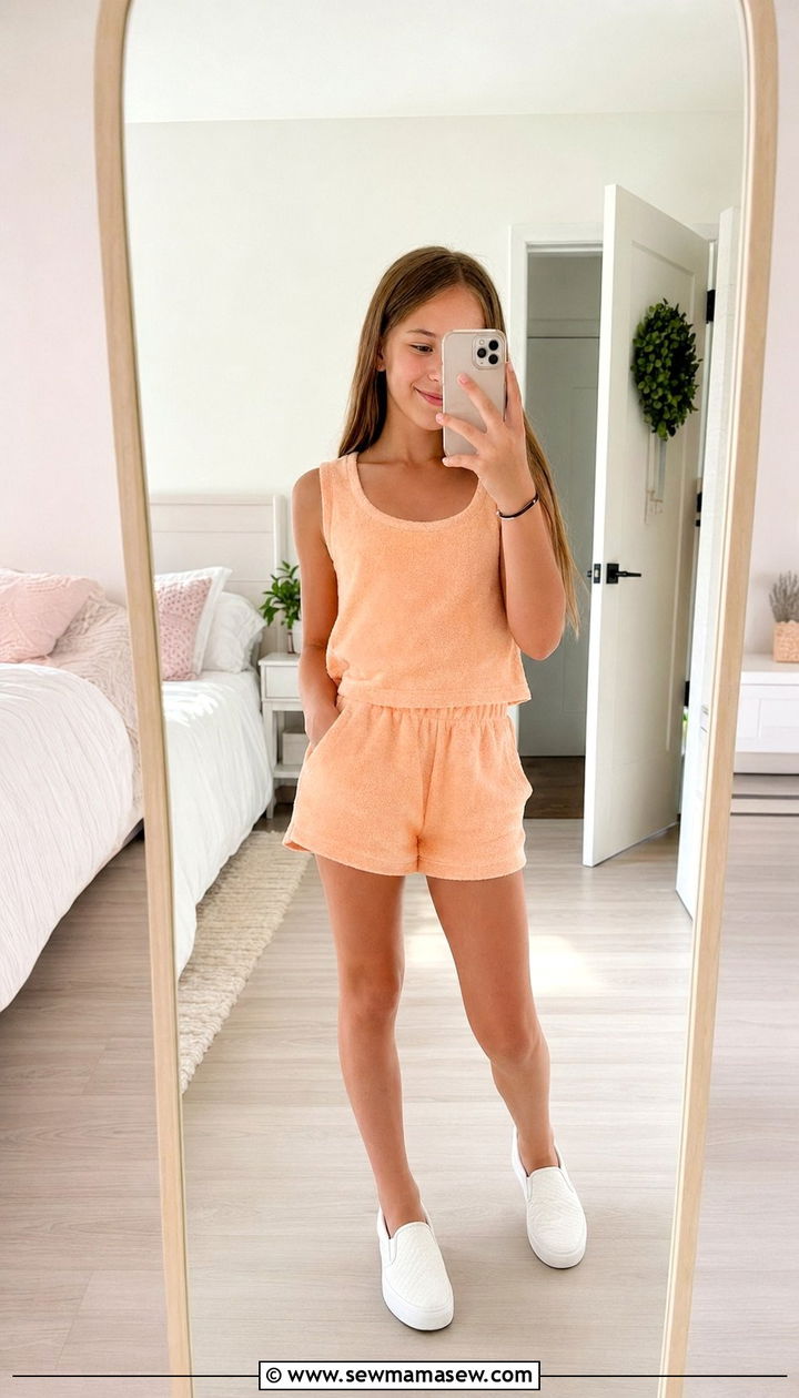 Terry Cloth Shorts Set With Matching Top and Slip On Sneakers - 30 Back to school outfit ideas middle school 2026
