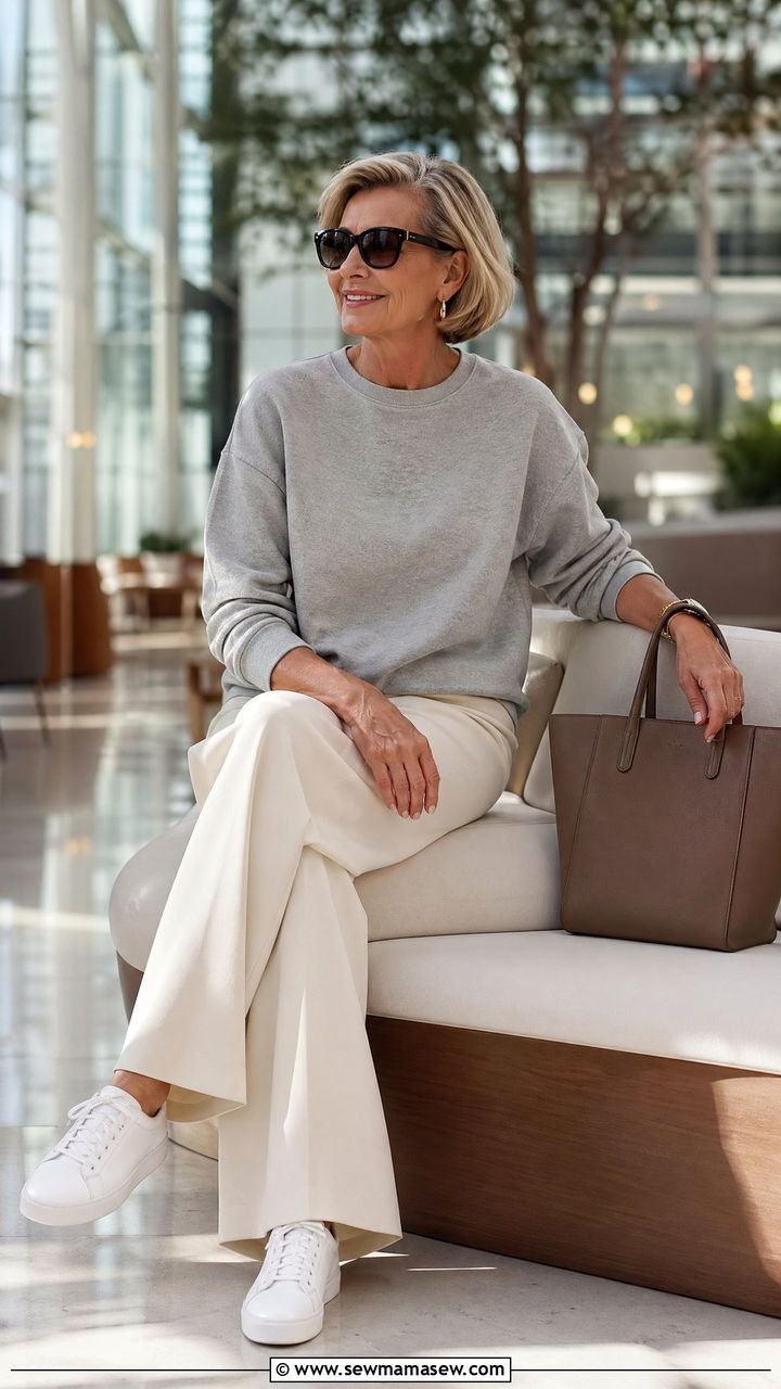 Terry or French Terry Sweatshirt With Tailored Trousers Outfit For Women Over 50 - 35 Casual outfits for women over 50