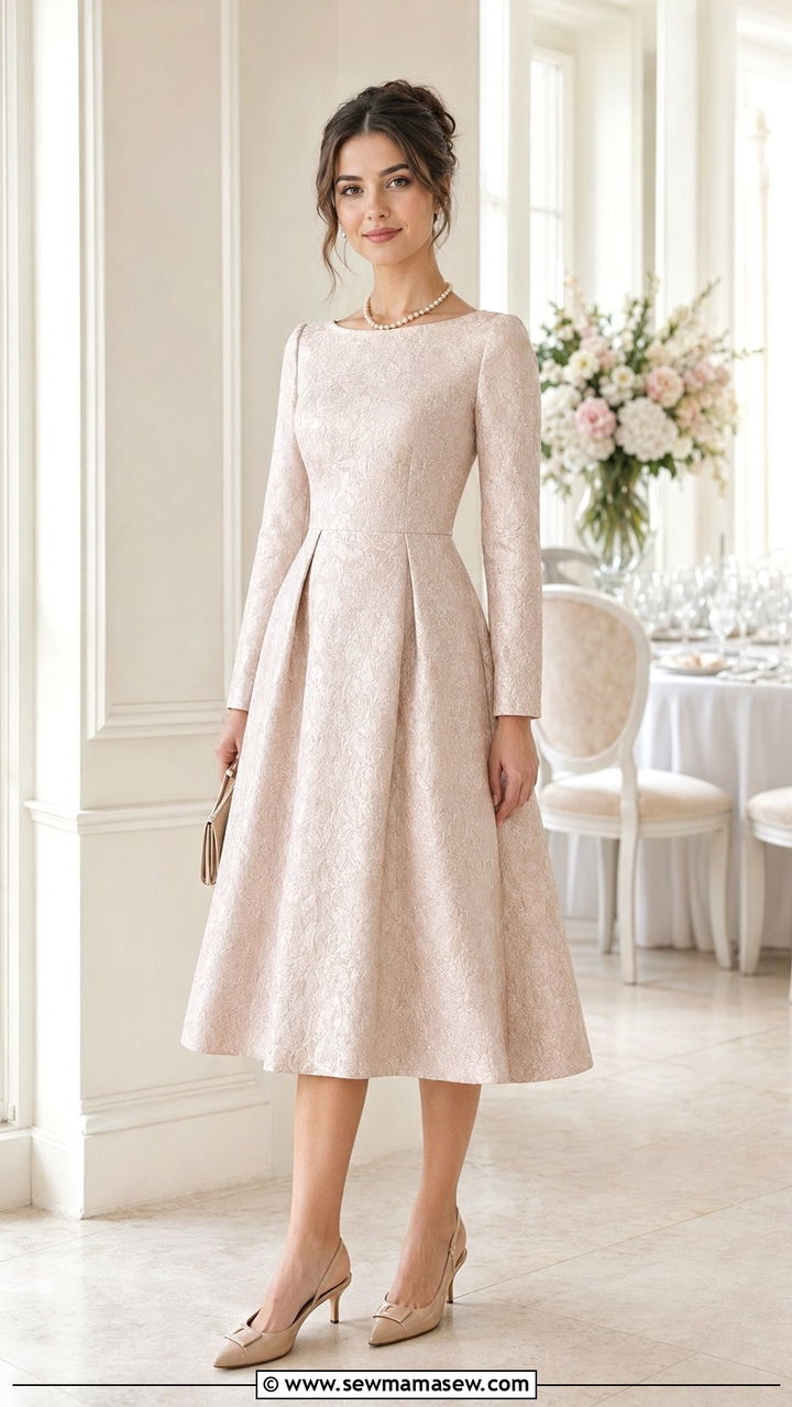 Textured A Line Cocktail Dress With Kitten Heels - 35 Modest outfit ideas for wedding guest