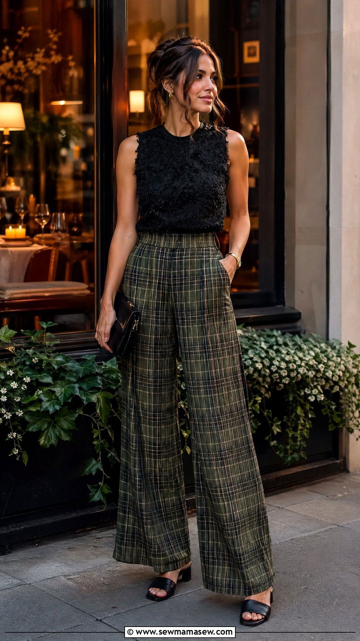Textured Black Top With Plaid Wide Leg Pants - 35 spring dinner outfit ideas