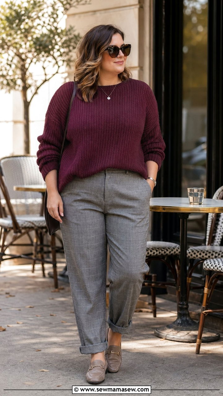 Textured Knit Sweater With Check Trousers And Loafers - 30 Work outfits for midsize women