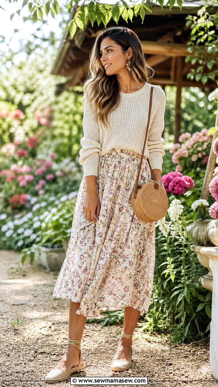 Textured Knit Sweater with Floral Midi Skirt - 30 spring light sweater outfit ideas