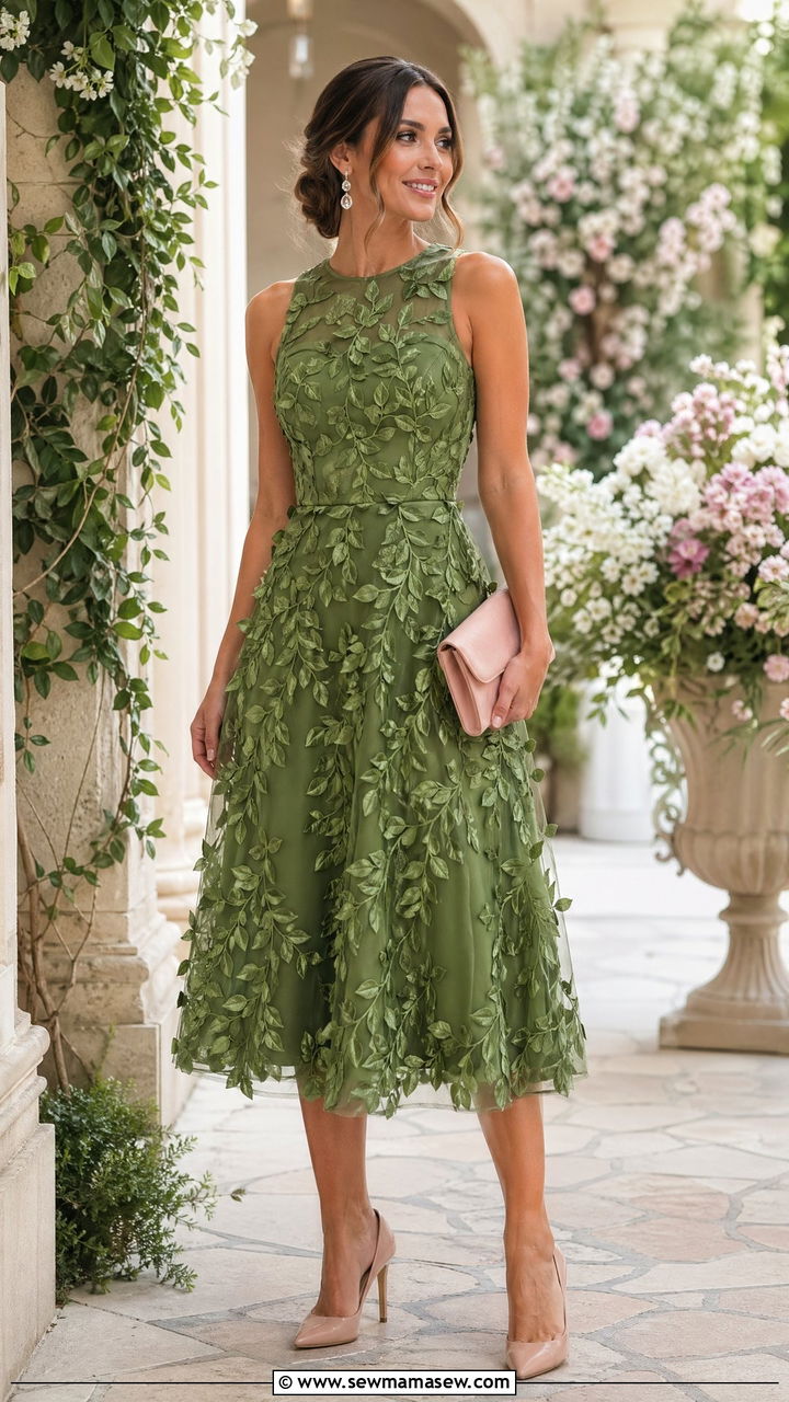 Textured Leaf Applique Green Dress with Blush Clutch - 35 What to wear to a spring wedding