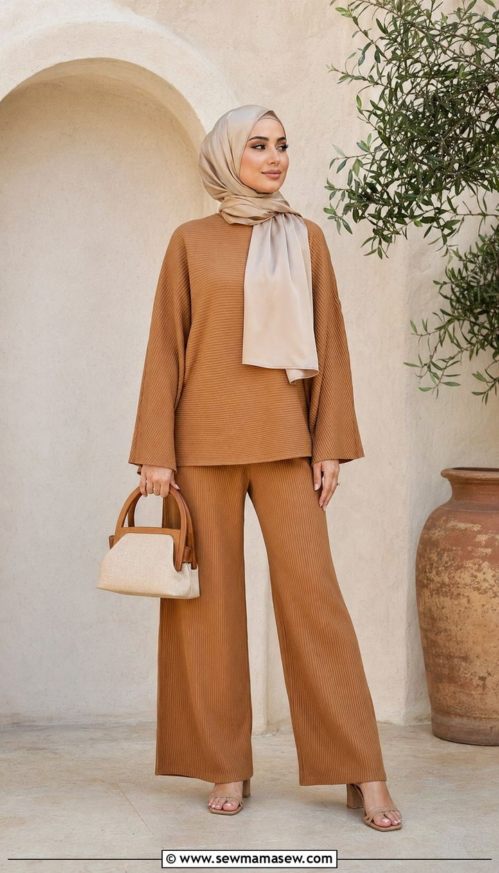 Textured co ord with block heel sandals - 35 Modest outfit ideas for Muslim women