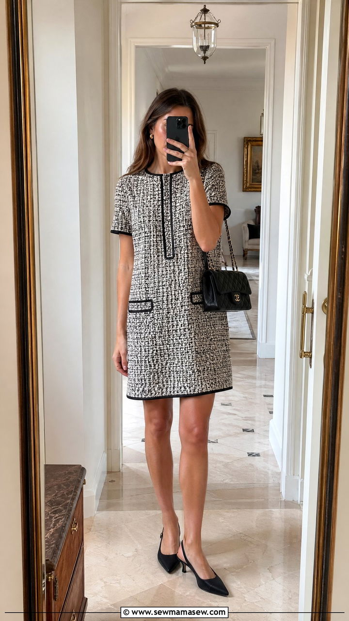 Textured tweed shift dress with black piping - 35 what to wear to a job interview