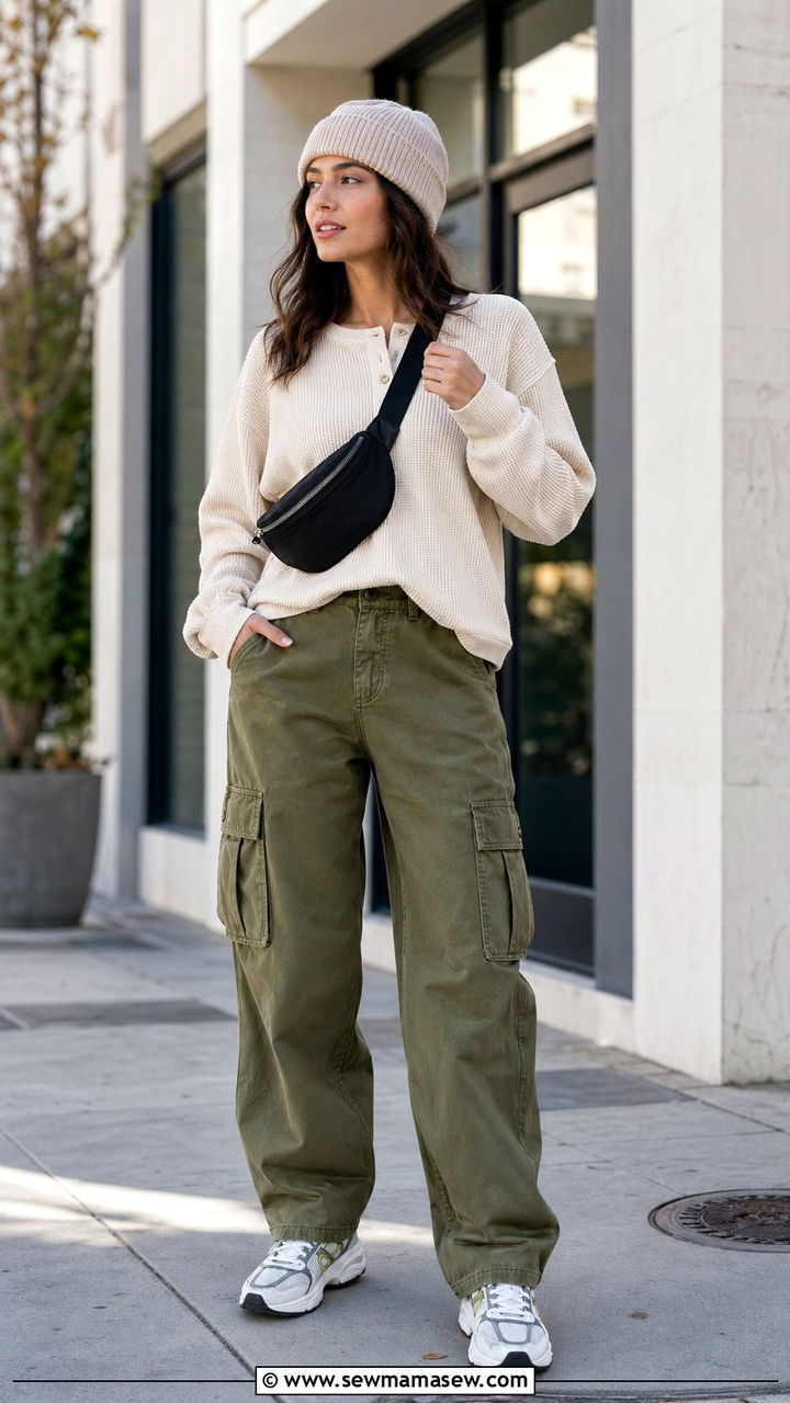 Thermal Henley and Cargo Pants Outfit - 35 mom outfit ideas