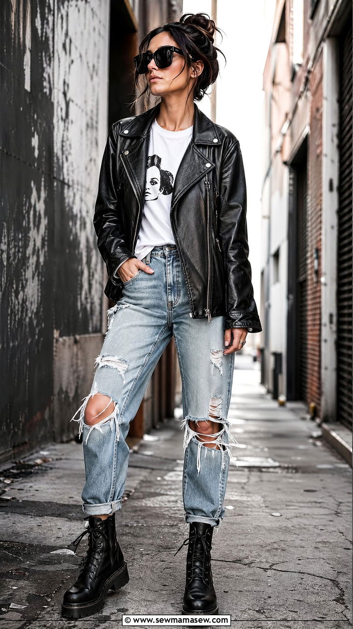 Thick black sunglasses with leather jacket - 35 Sunglasses outfit ideas