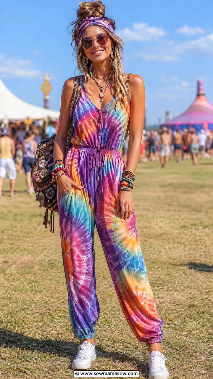 Tie Dye Jumpsuit Festival Outfit - 35 what to wear to a music festival
