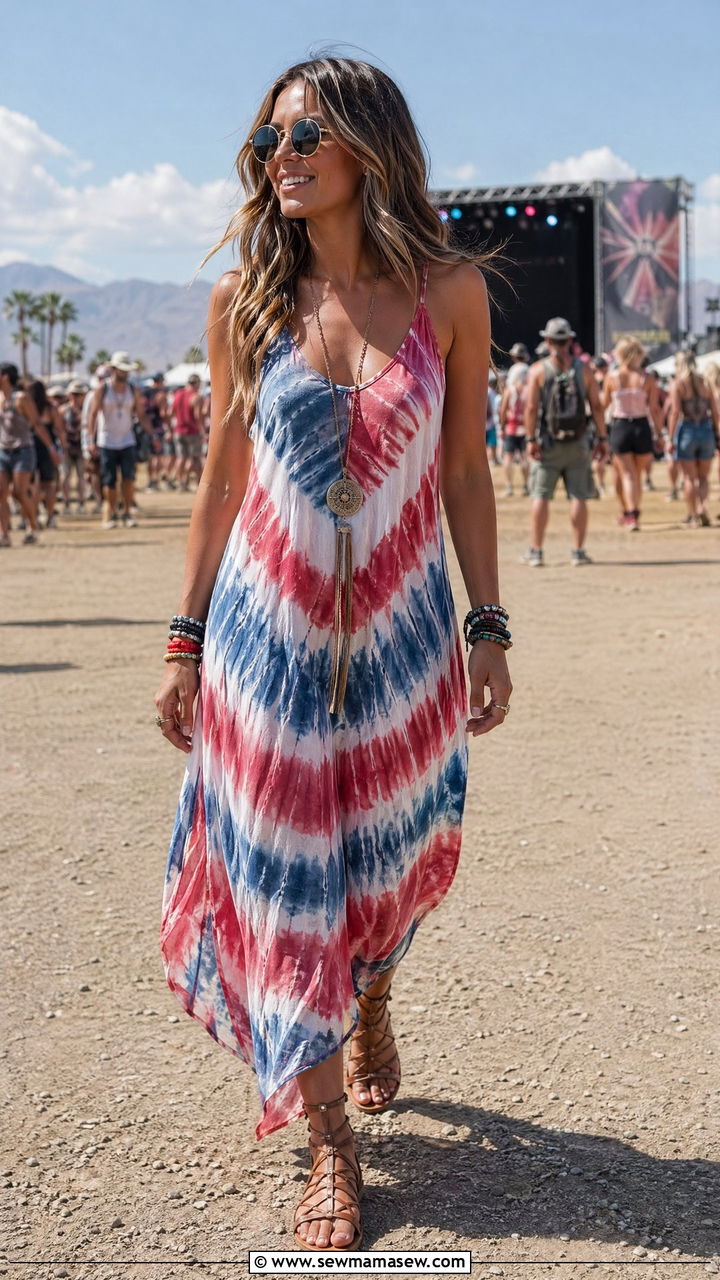 Tie Dye Maxi Dress With Flat Gladiator Sandals - 35 summer memorial day outfit ideas