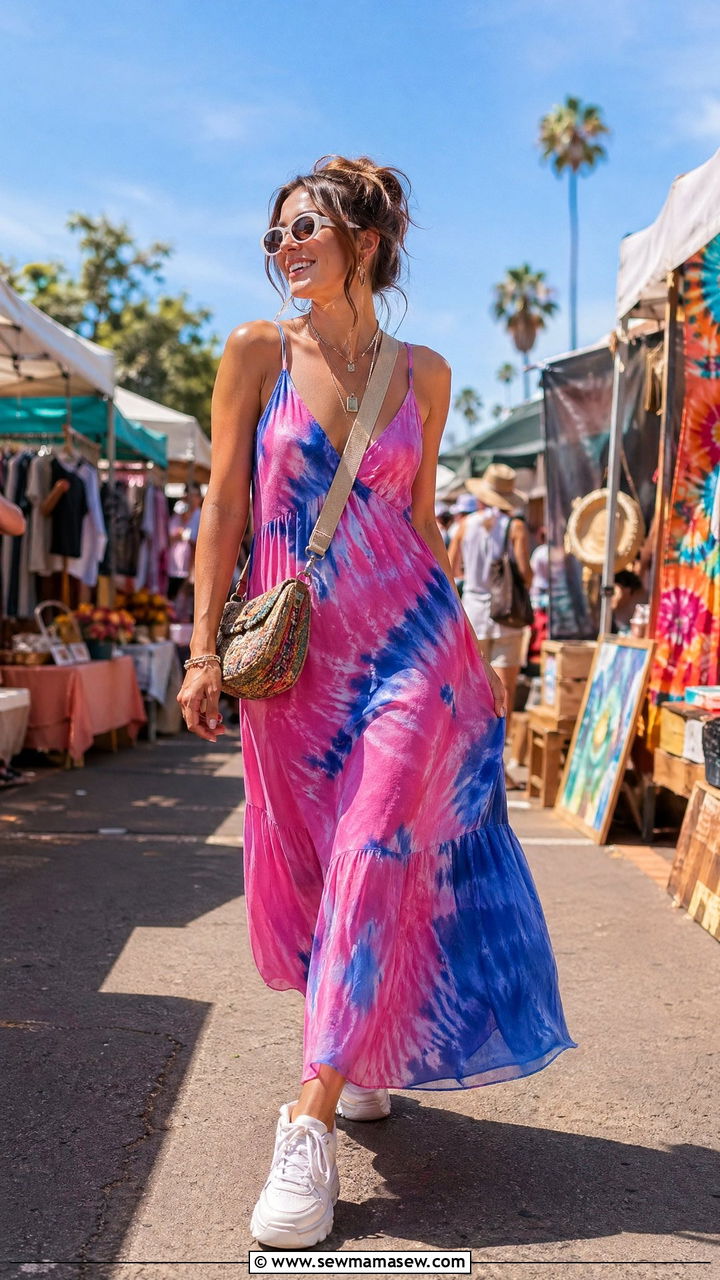 Tie Dye Maxi Dress and Chunky Sneakers Outfit - 35 Summer style ideas