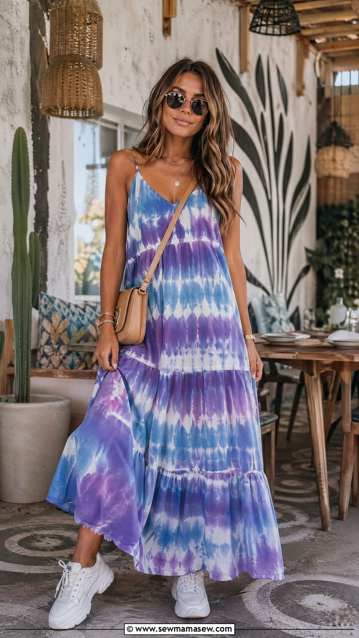 Tie Dye Maxi Dress and Chunky Sneakers Summer Brunch Outfit - 35 summer brunch outfit ideas