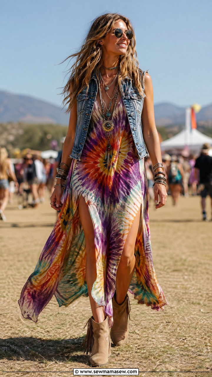 Tie Dye Maxi Dress with Side Slits - 35 summer boho chic outfits
