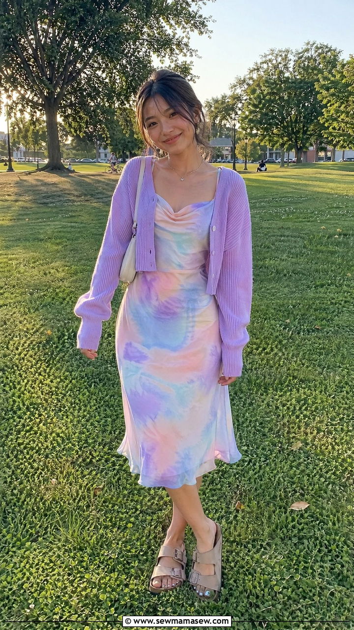 Tie Dye Midi Dress With A Cropped Cardigan And Birkenstock Sandals - 35 Concert outfits for petite women