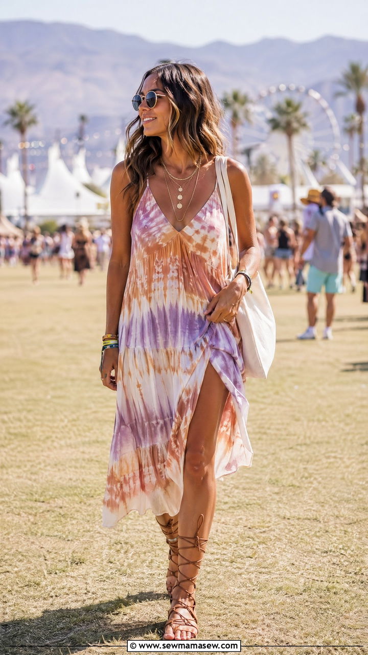 Tie Dye Sundress With Flat Gladiator Sandals - 35 summer boho outfit ideas