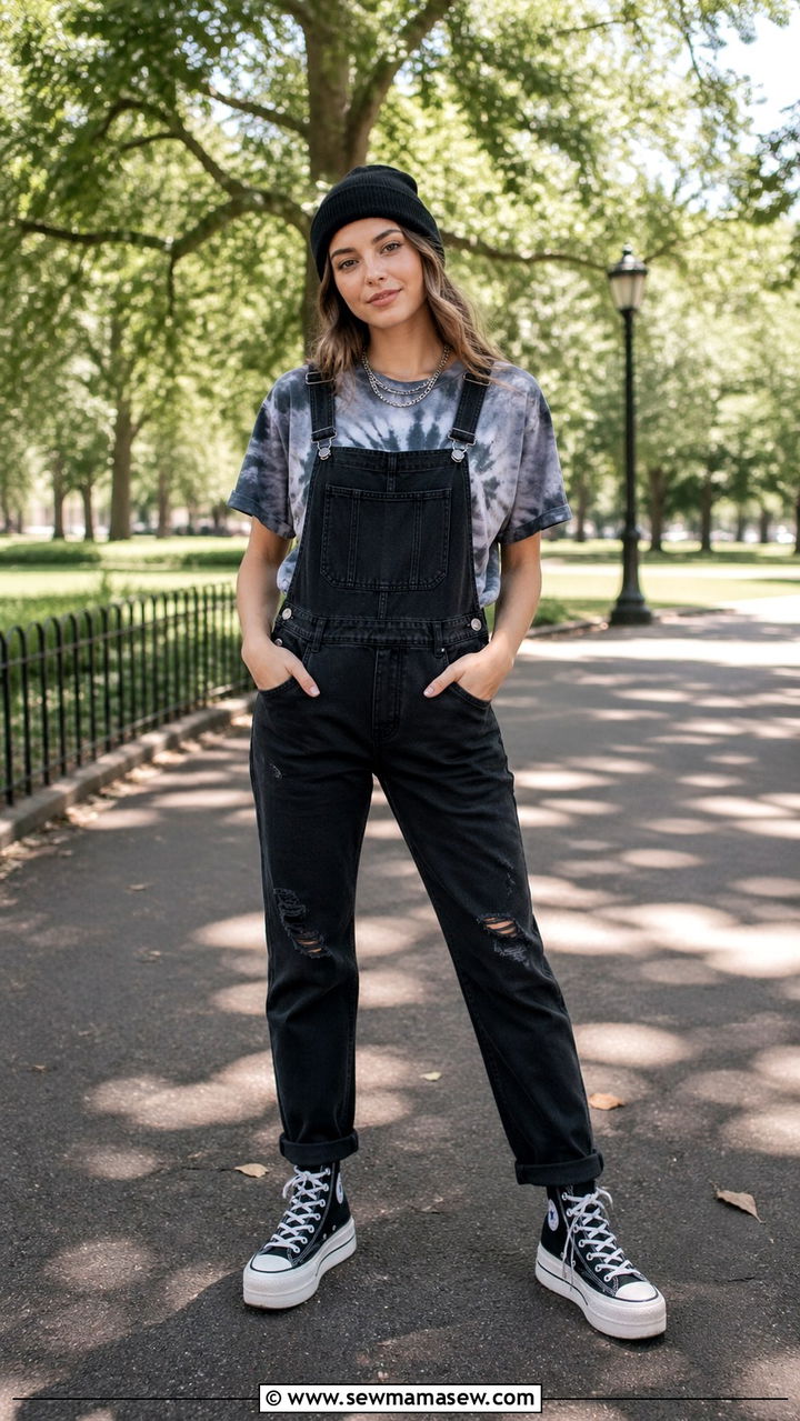 Tie Dye Tee And Black Overalls With Platform Converse - 30 spring grunge outfit ideas