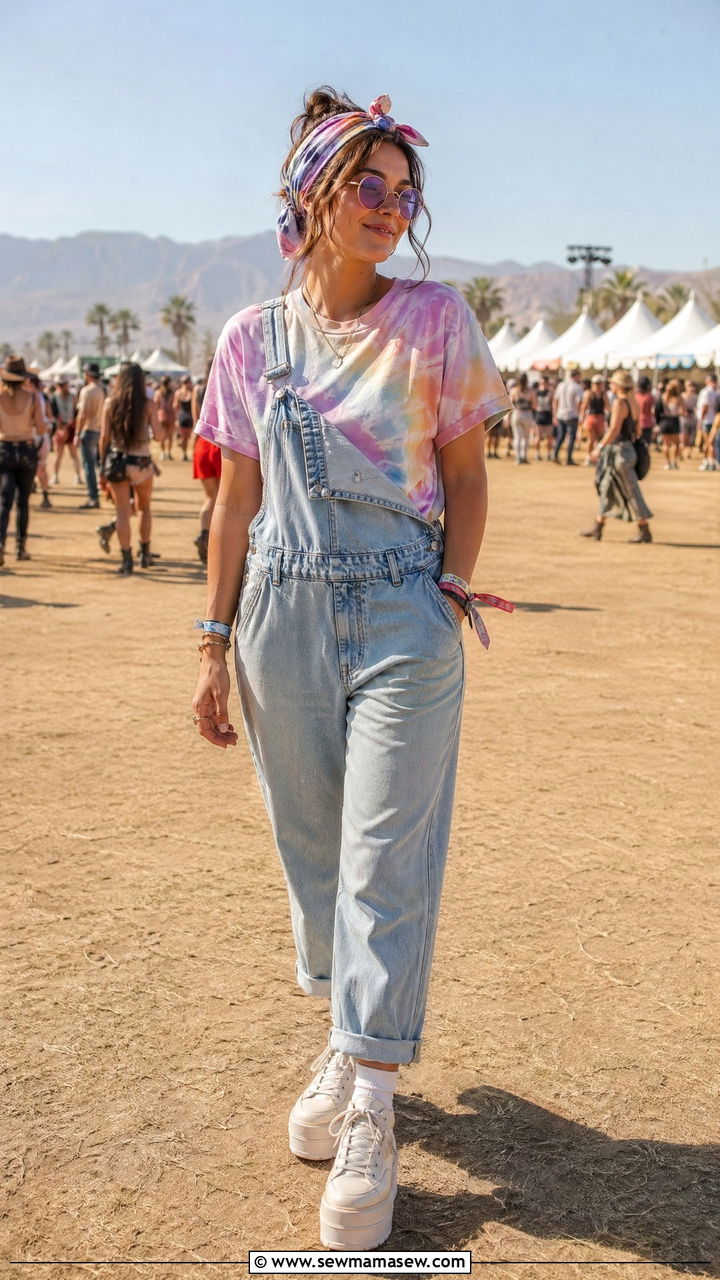 Tie Dye Tee With Denim Overalls And Platform Sneakers - 35 casual music festival outfits