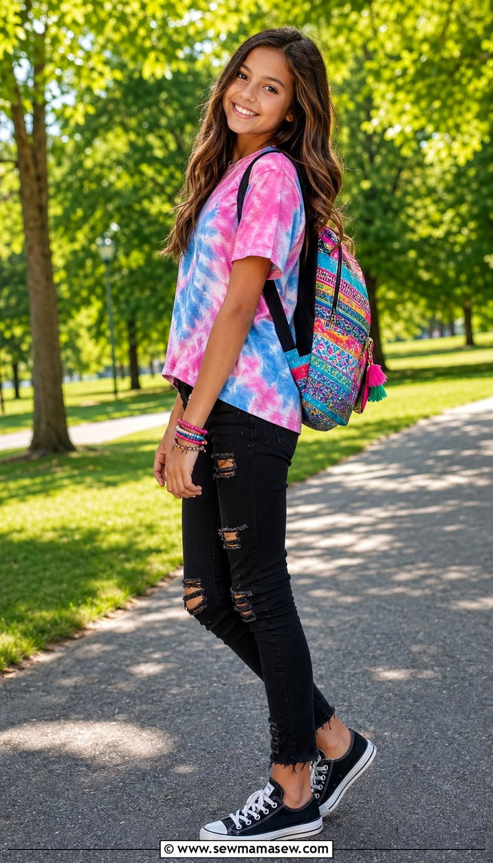 Tie Dye Tee With Ripped Skinny Jeans and Canvas Sneakers - 30 Back to school outfit ideas for tweens 2026