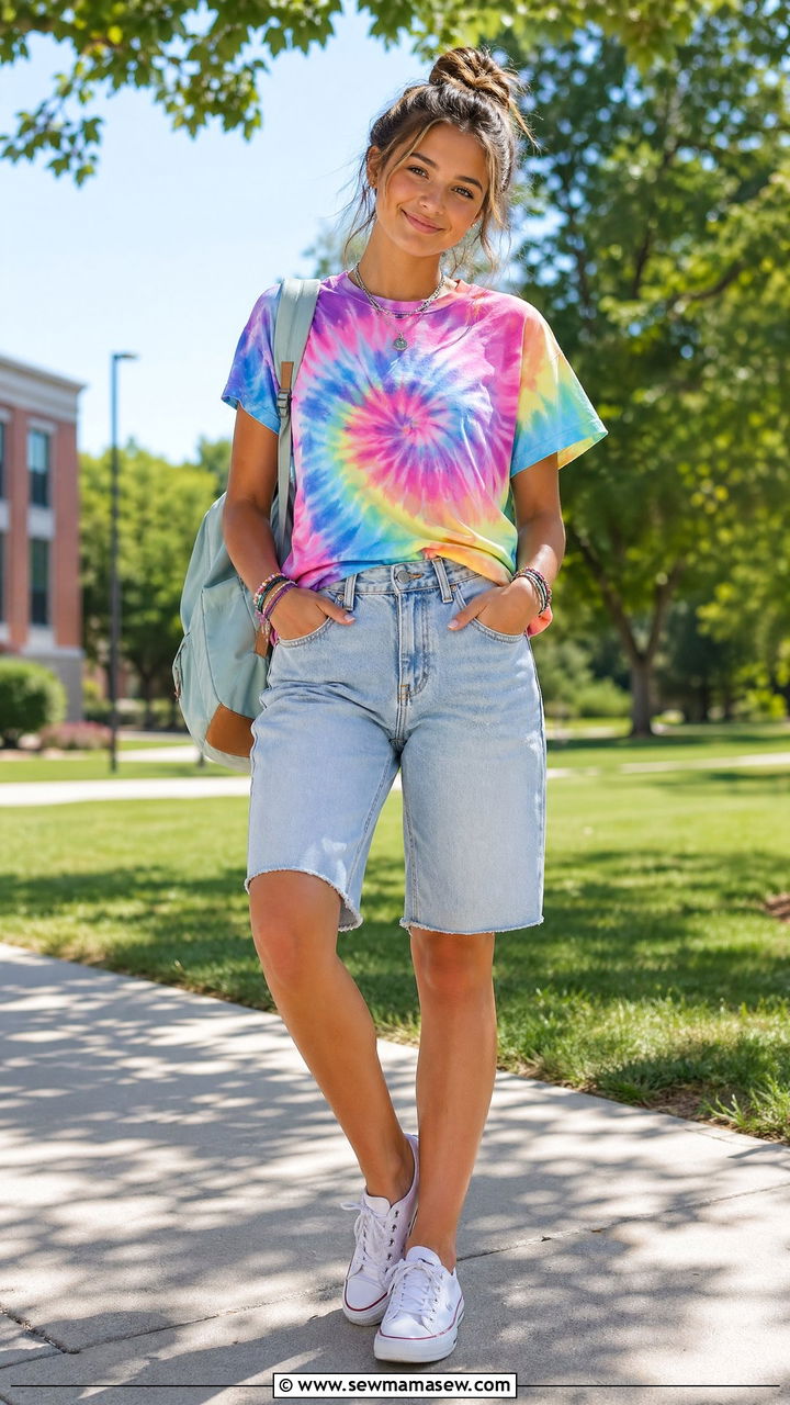 Tie Dye Tee and Bermuda Denim Shorts - 35 Summer outfits for high school