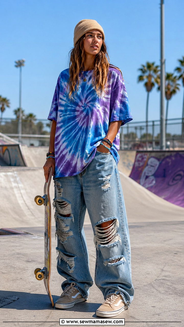 Tie Dye Tee and Ripped Baggy Jeans - 30 Skater outfit ideas