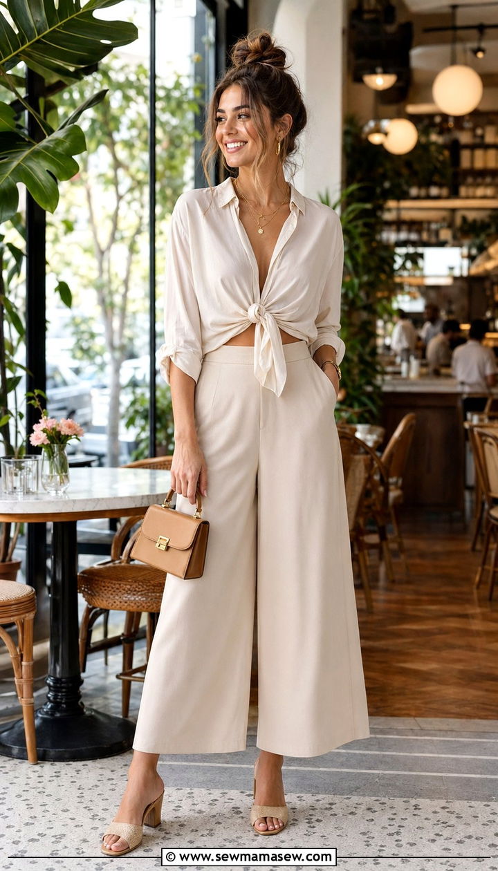 Tie Front Blouse and Culotte Pants Outfit - 30 70 degree weather outfits