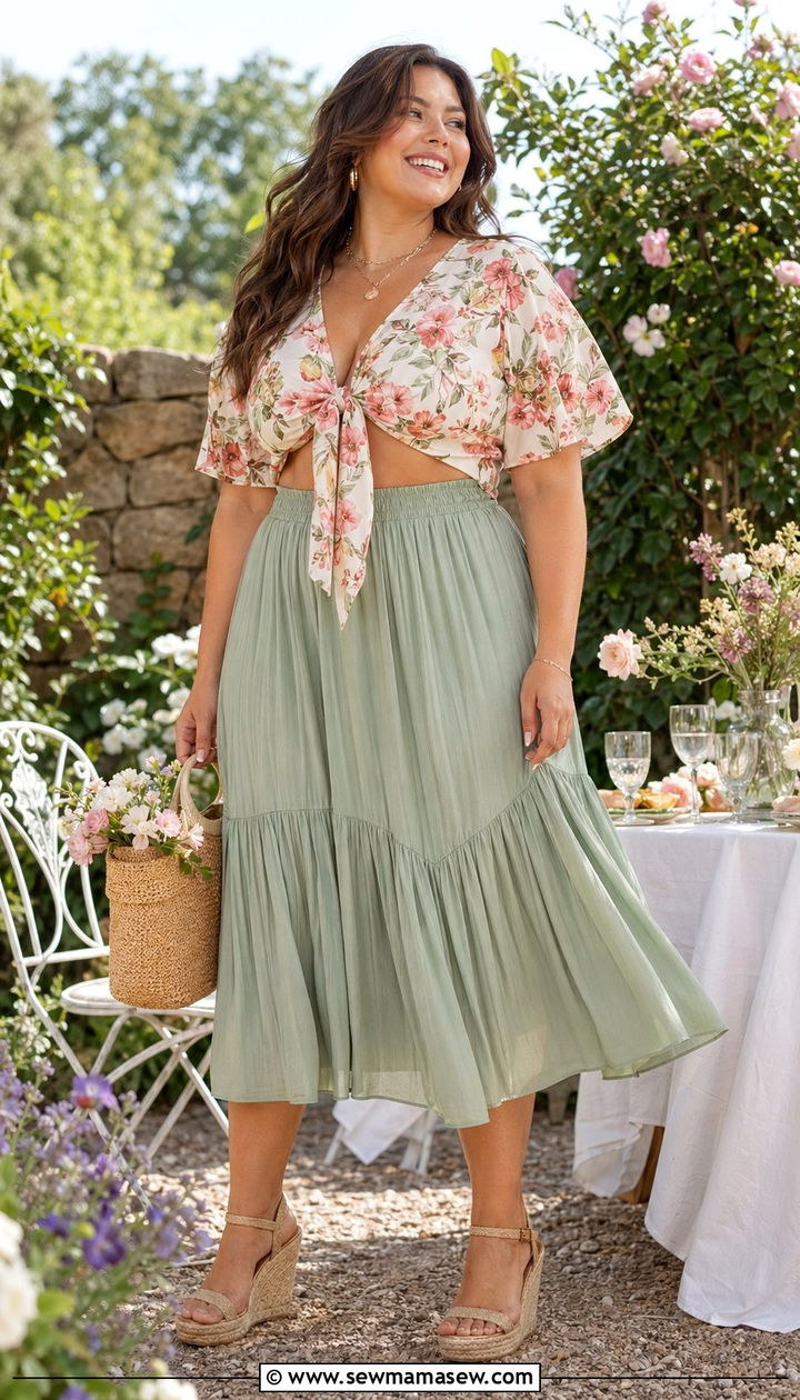 Tie Front Blouse with Midi Skirt Outfit - 30 Best tops for plus size