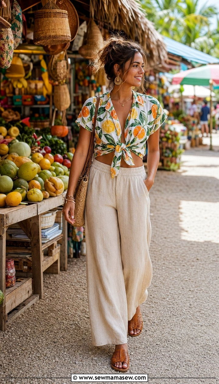 Tie Front Top with Wide Leg Linen Pants for Exploring Local Markets - 35 Punta Cana vacation outfit ideas