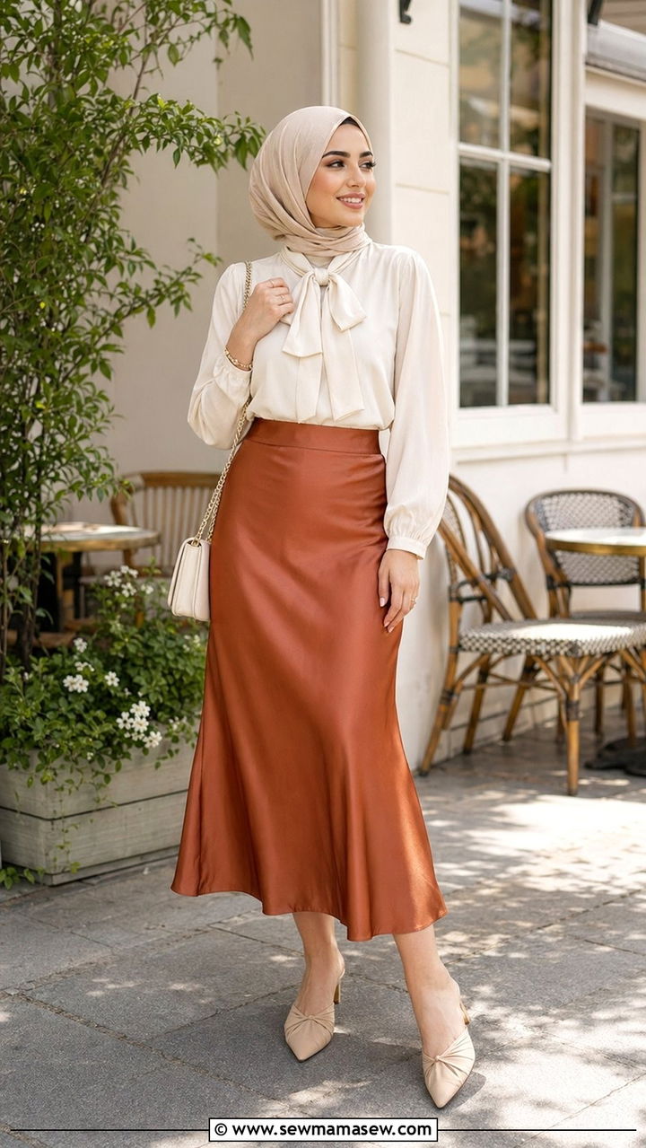 Tie Neck Blouse And Satin Midi Skirt - 35 Modest outfit ideas for wedding guest