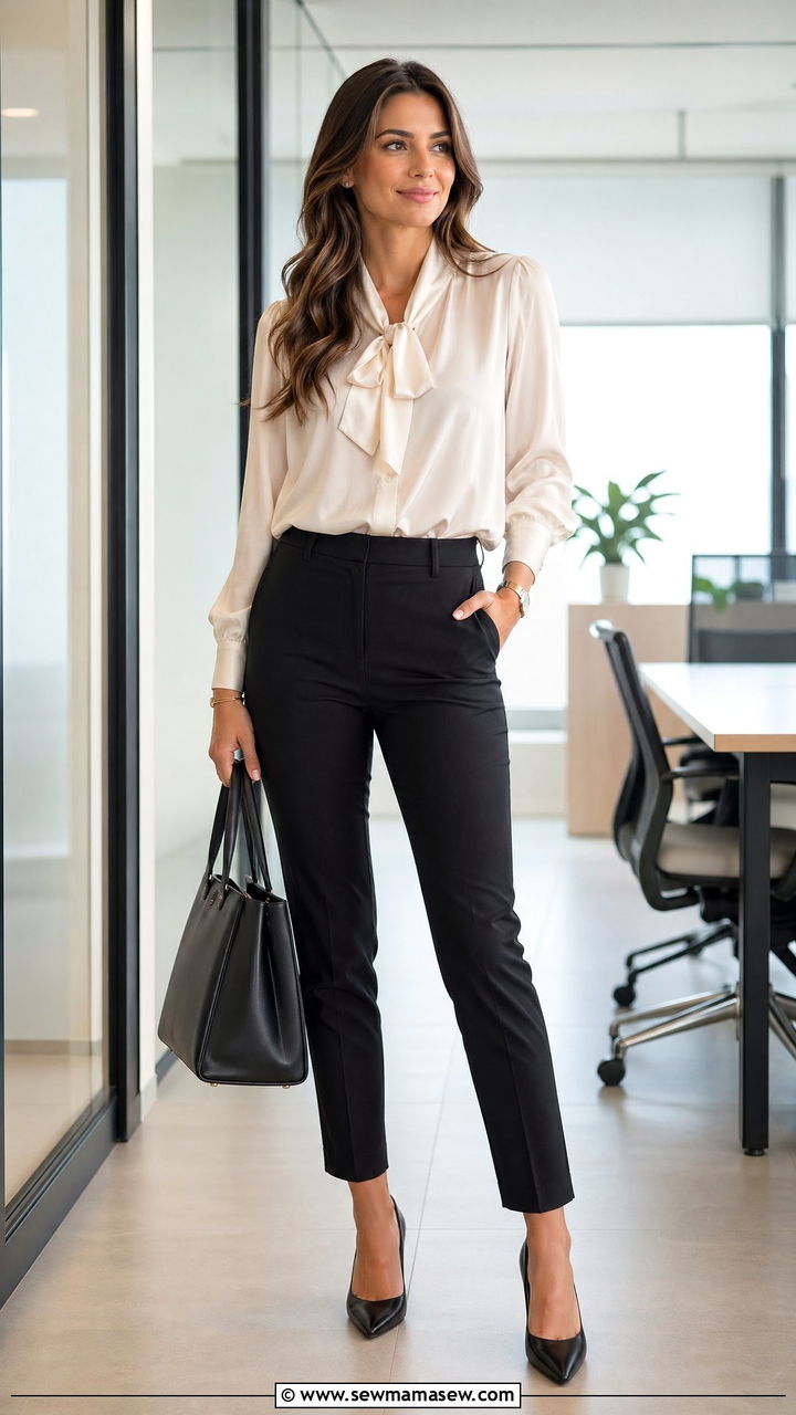 Tie Neck Blouse With Cigarette Pants - 35 summer business casual outfits