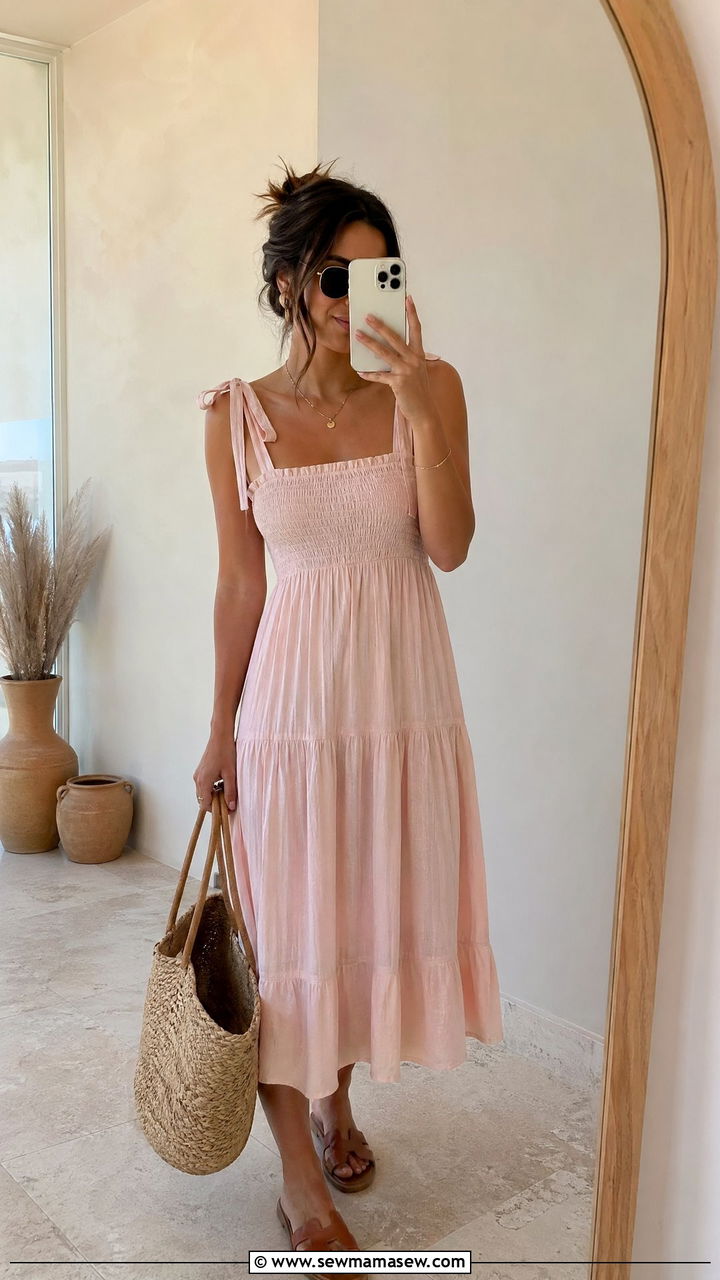 Tie Strap Sundress With Flat Sandals And Raffia Tote - 35 Summer outfits with sundresses