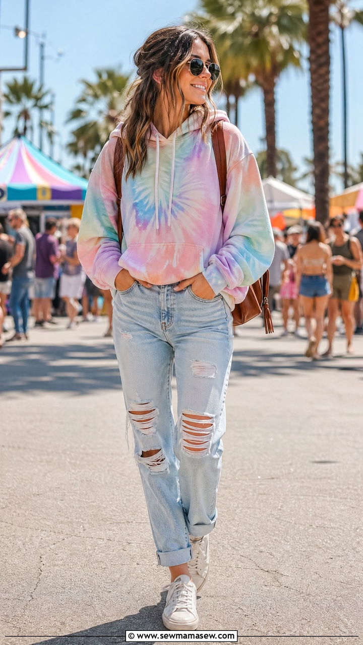 Tie die hoodie with distressed denim and retro sneakers - 35 Streetwear spring outfits