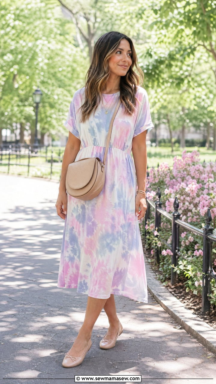 Tie dye dress with ballet flats outfit - 35 summer easy outfit ideas