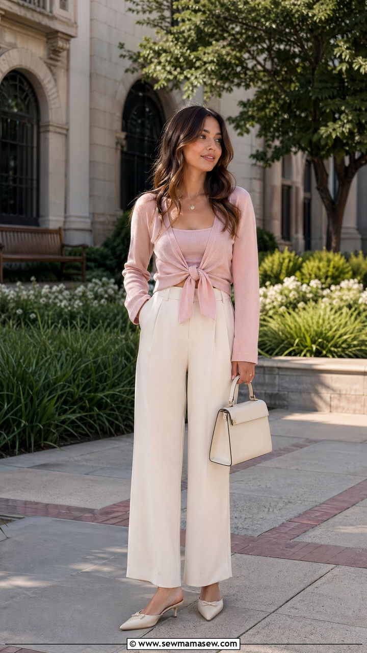 Tie front cardigan with high waisted trousers and kitten heels - 35 cute college outfits