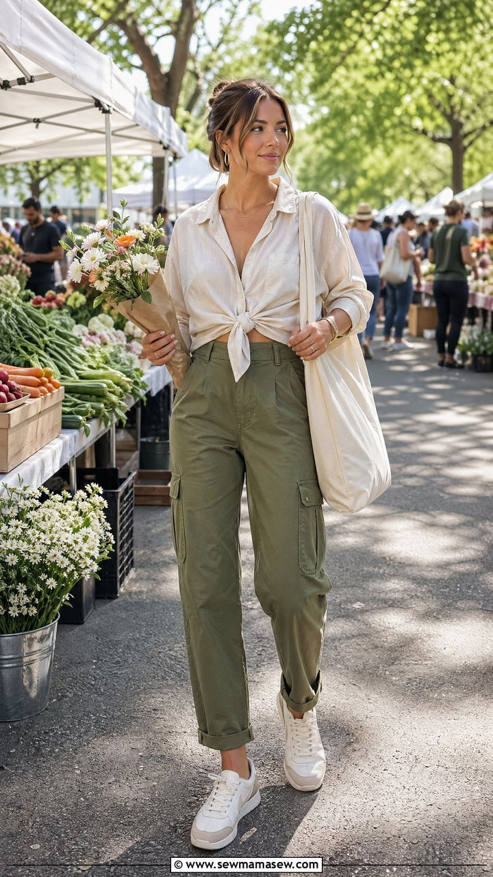 Tie front relaxed shirt with high waist cargo pants spring farmers market outfit - 35 spring farmers market outfit ideas