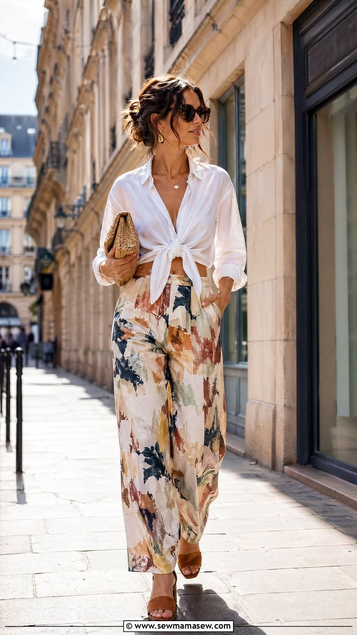 Tie front top with printed wide leg trousers - 35 Summer Paris outfit ideas