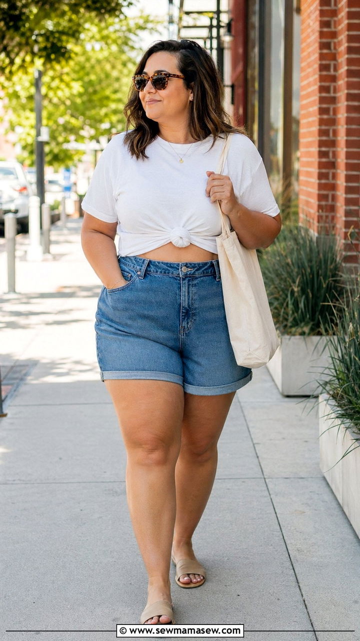 Tie front white tee with high waisted denim shorts - 35 Plus size outfit ideas size 18 summer