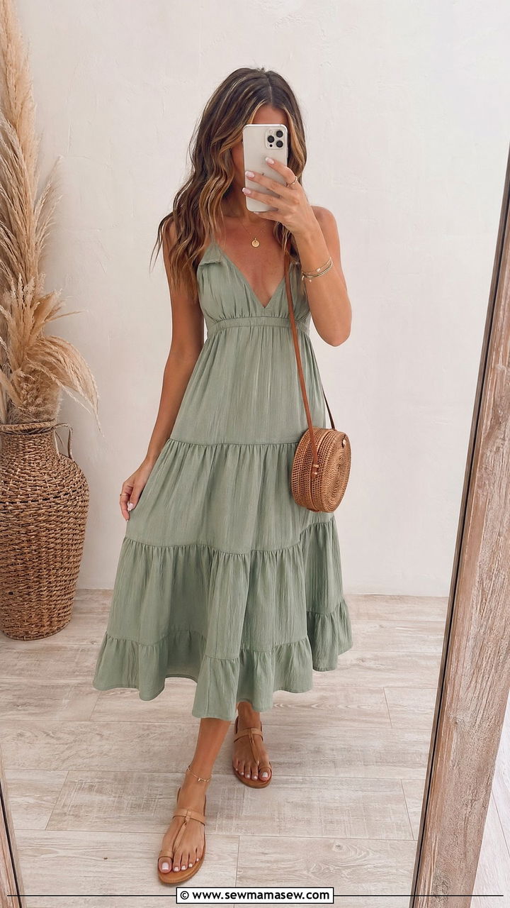 Tiered Boho Dress with Flat Sandals - 35 summer boho chic outfit ideas