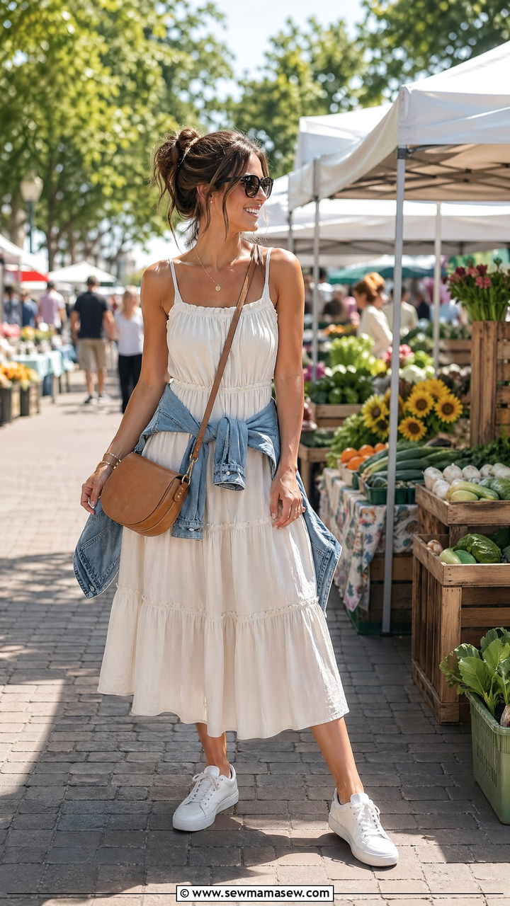 Tiered Cotton Dress With White Sneakers and Denim Jacket - 35 summer casual chic outfit ideas