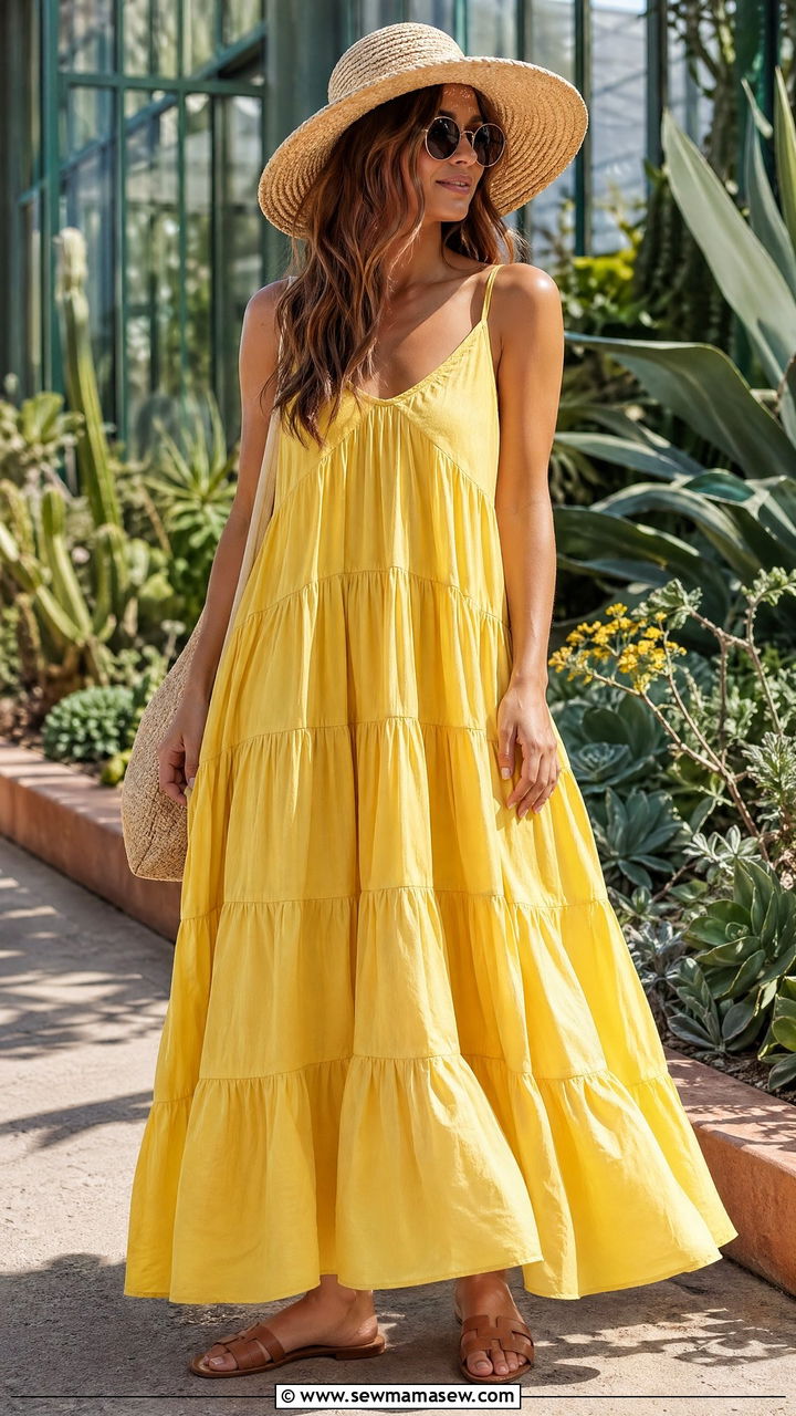 Tiered Cotton Maxi Dress With A Floppy Hat And Flat Sandals - 35 Spring weekend getaway outfits
