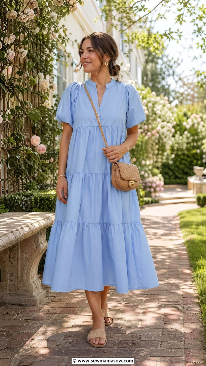 Tiered Cotton Midi Dress With Woven Sandals - 35 Summer outfits for stay at home moms