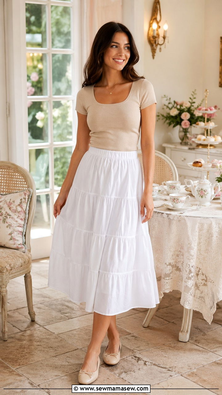 Tiered Cotton Midi Skirt With Fitted Knit - 30 spring cottagecore outfits