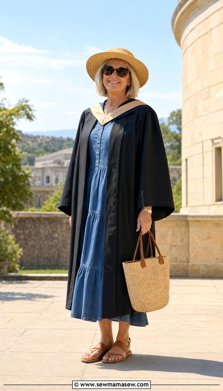 Tiered Denim Dress With Straw Hat - 35 Graduation outfits for women over 50