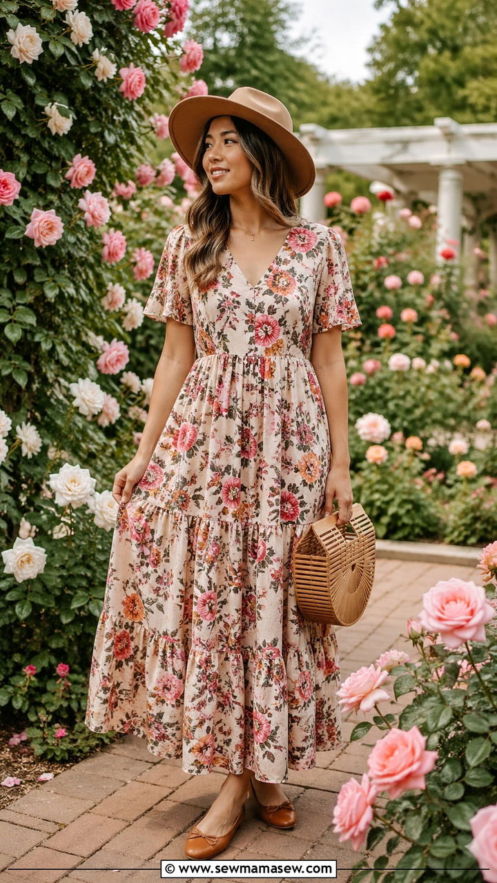 Tiered Floral Maxi Dress With Leather Flats - 30 Spring boho outfits 2026