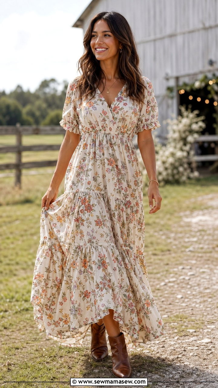 Tiered Floral Maxi Dress With Western Boots - 30 wedding guest outfits ideas