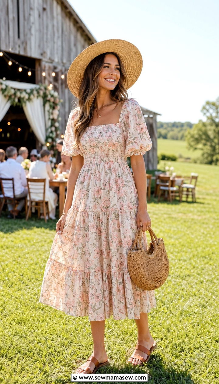 Tiered Floral Midi Dress with Straw Hat - 30 Barn wedding guest outfit ideas