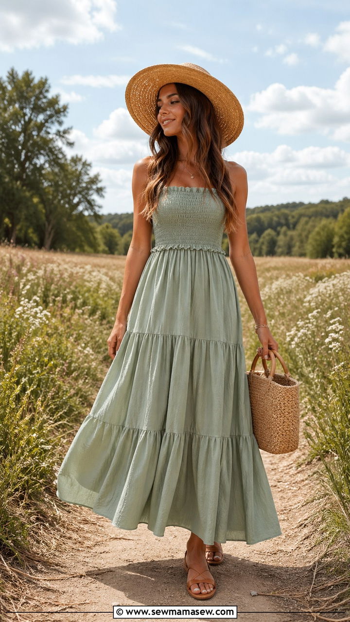 Tiered Maxi Dress With Basket Bag And Leather Flat Sandals - 30 Soft girl summer outfits