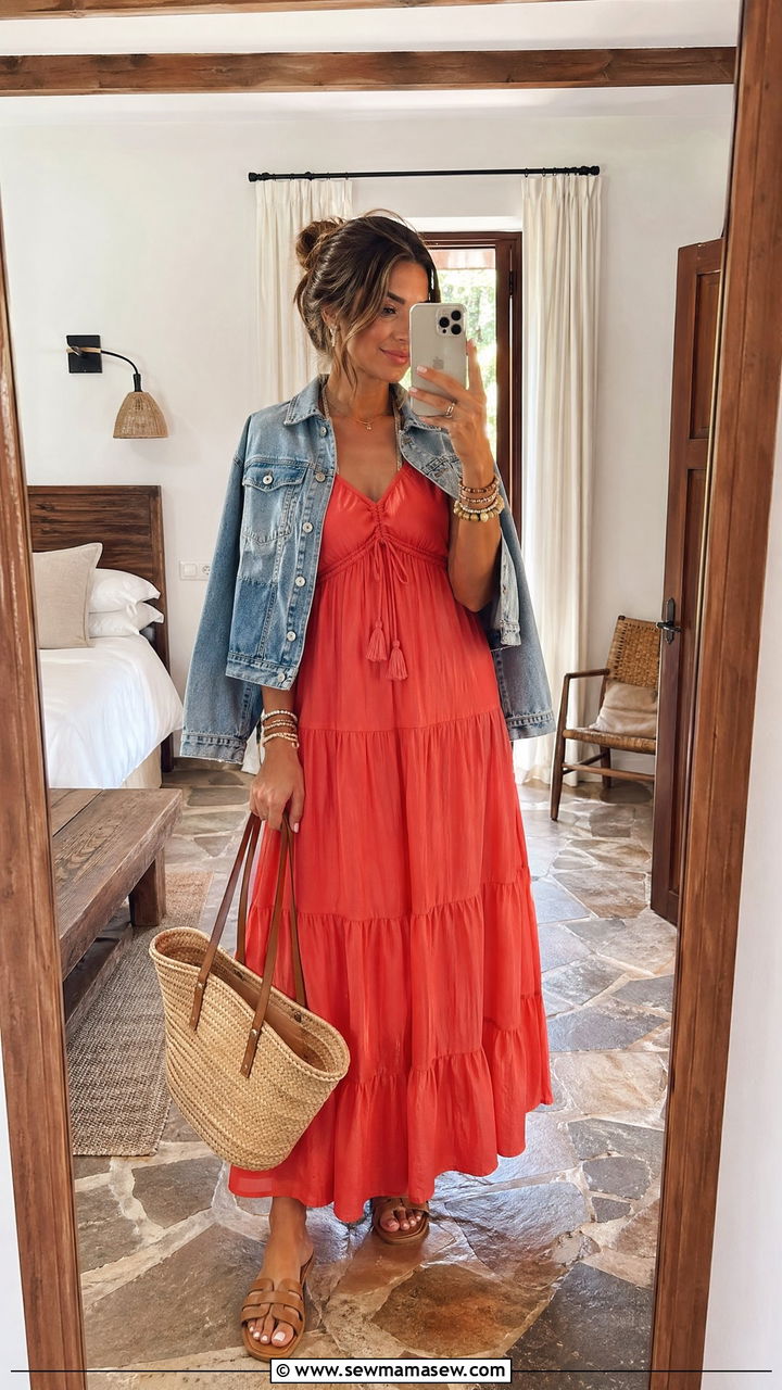 Tiered Maxi Dress With Denim Jacket - 35 vacation outfits 2026