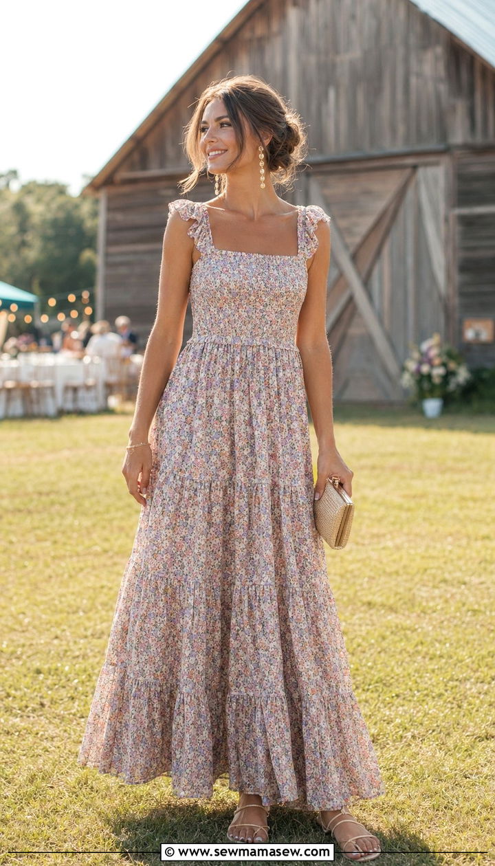 Tiered Maxi Dress With Drop Earrings - 30 Wedding guest outfits for hot weather