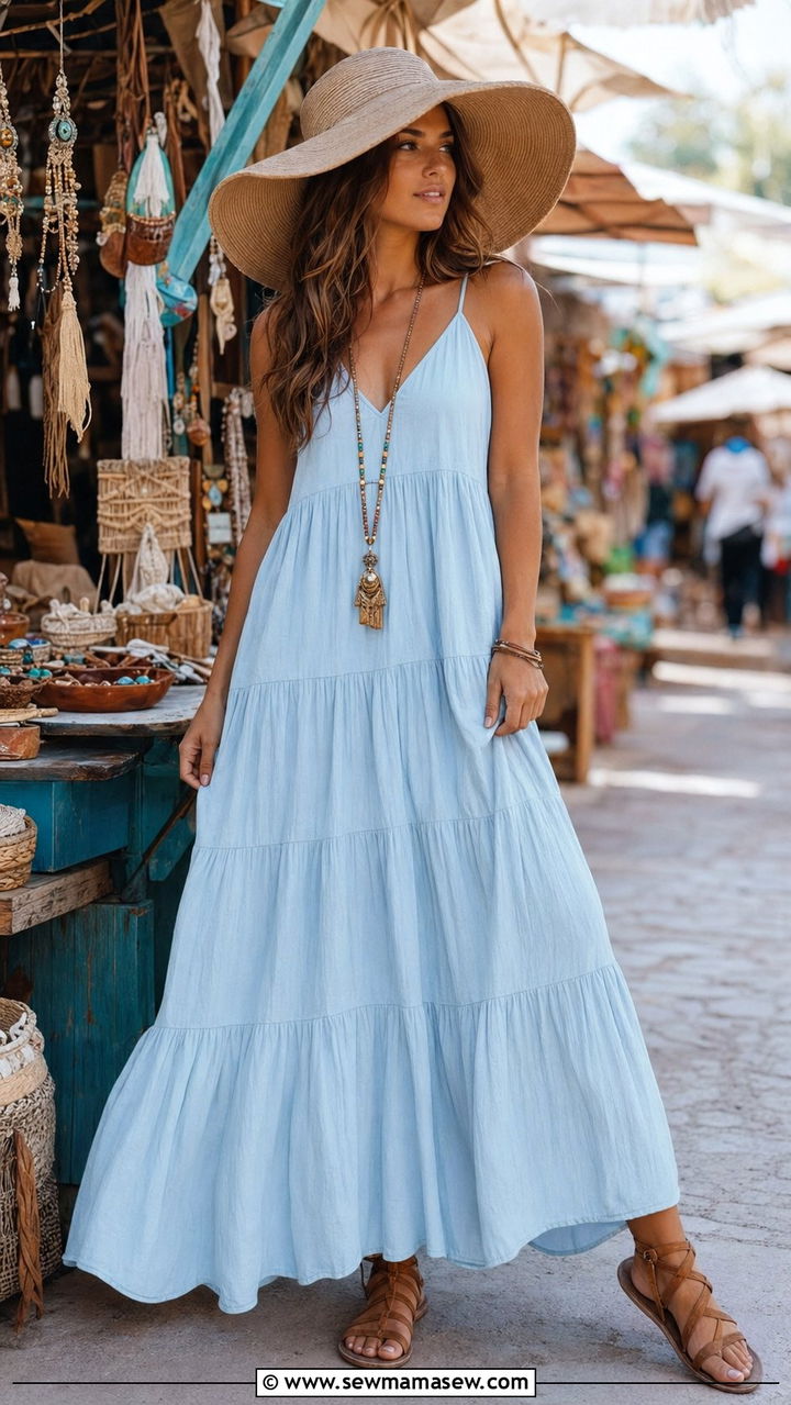 Tiered Maxi Dress With Flat Gladiator Sandals - 35 resort outfits for women