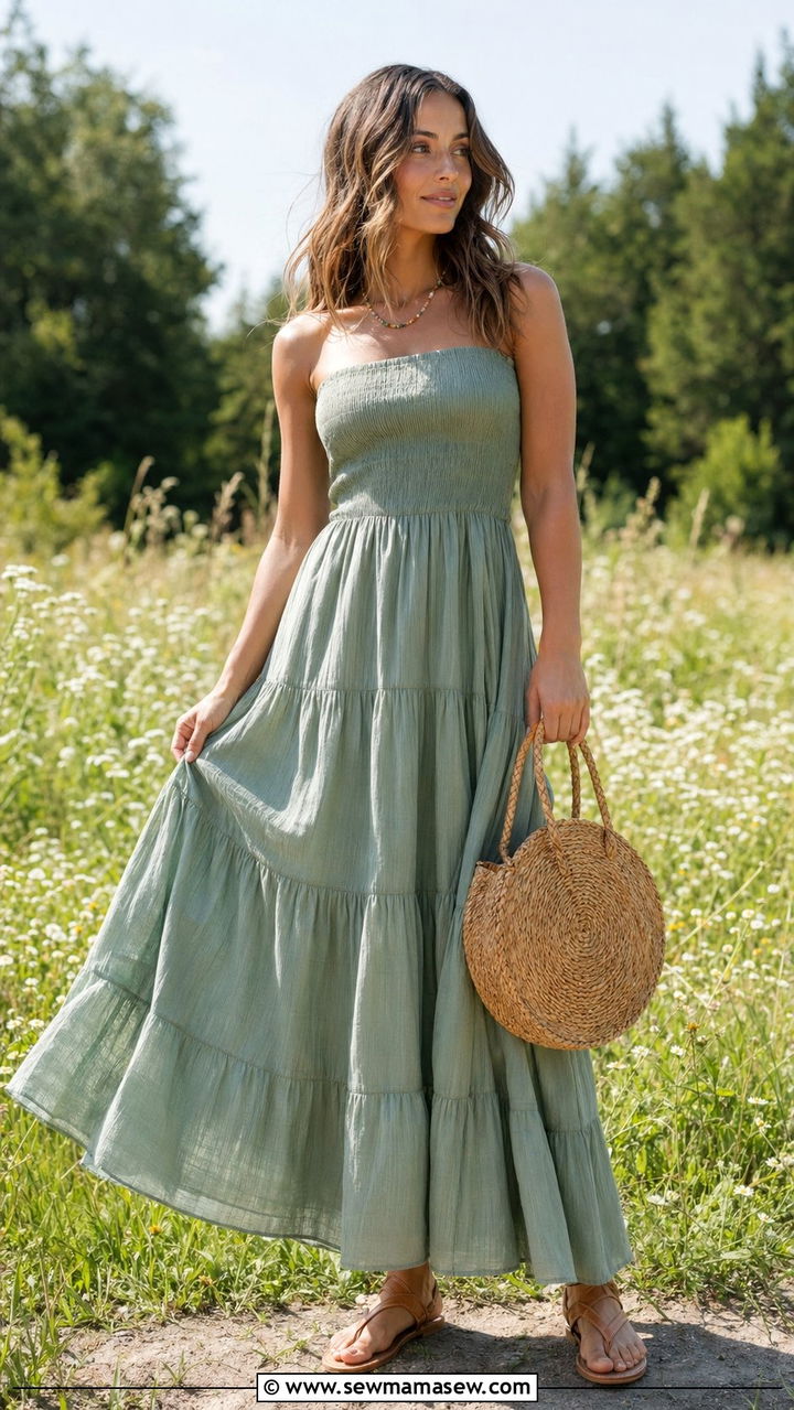 Tiered Maxi Dress With Flat Leather Sandals - 30 Aesthetic summer outfit ideas 2026